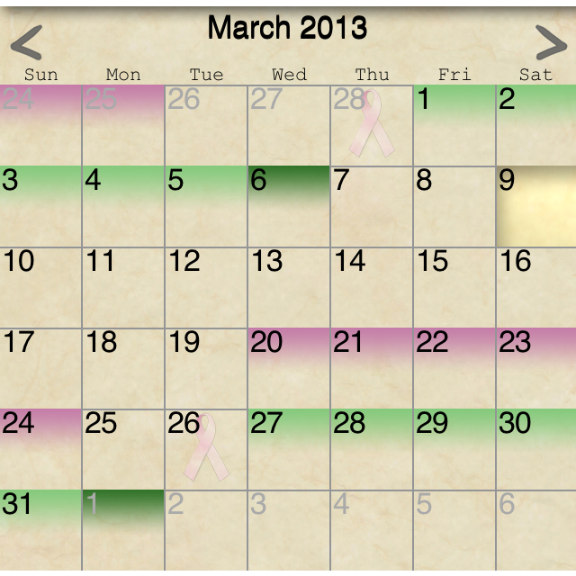 Calendar view from iPeriod Ultimate iPhone app showing period and fertile days